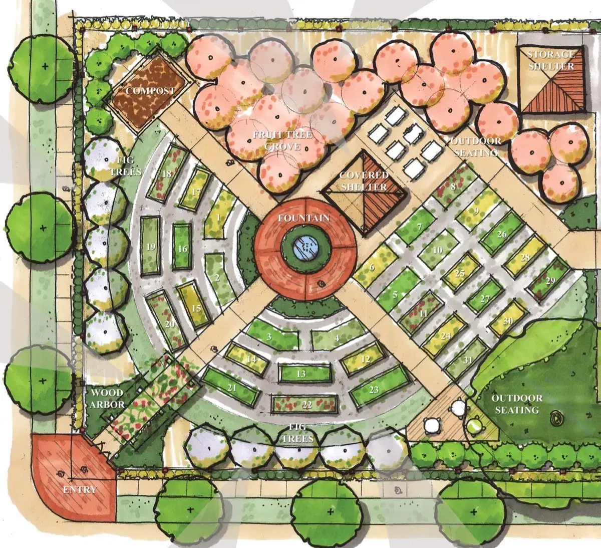 Illustratie van een plattegrond van de buurttuin, met genummerde perken rond een fontein